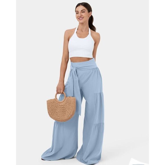 NWT Gorgeous Sz. L High Waisted Blue Tie Front/Back Wide Leg Flowy Tiered Pants - Picture 6 of 12